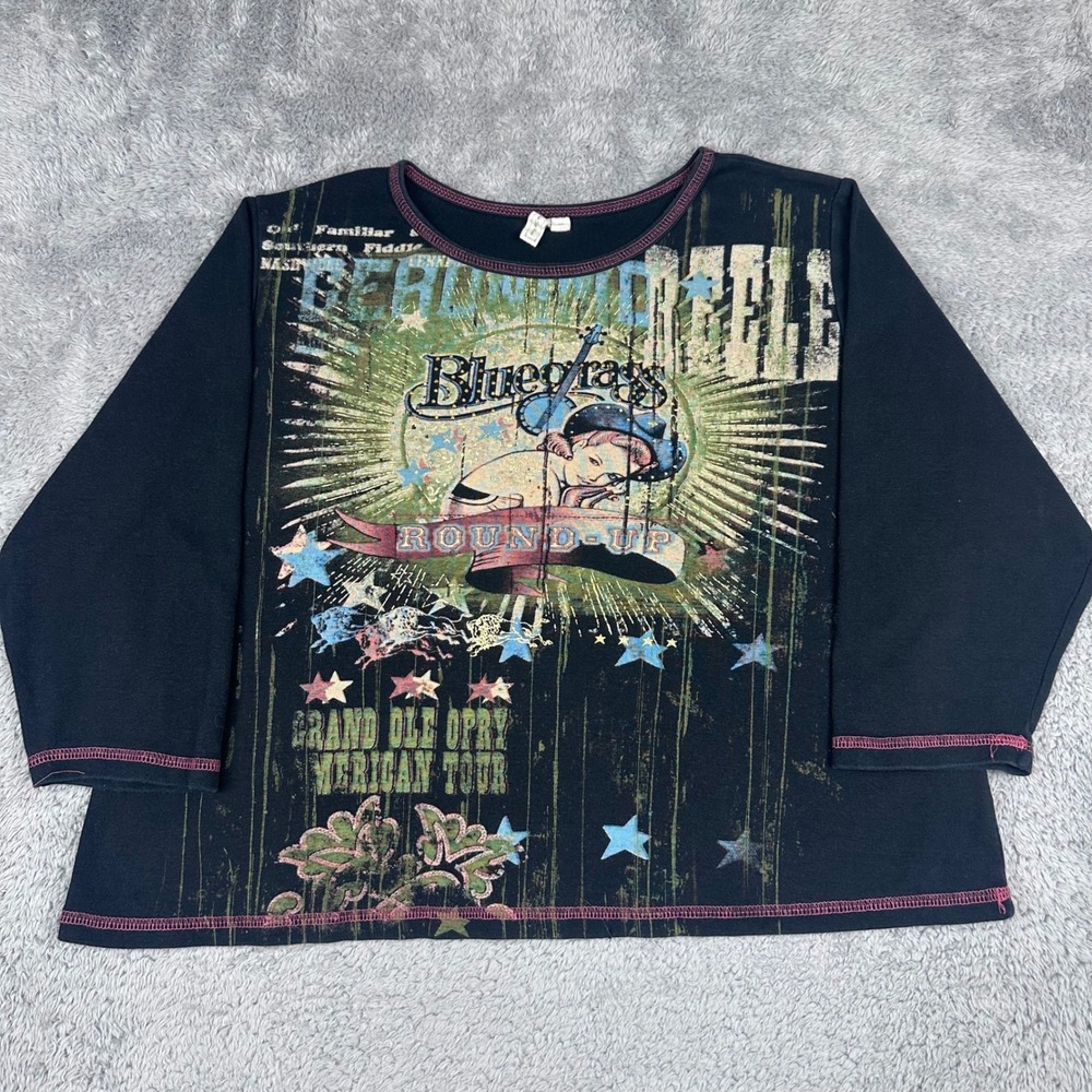 Cowgirl Woman Graphic Tee‎ Womens 1X Black Bluegrass Round Up Studded 3/4 Sleeve